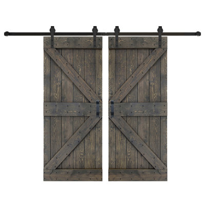 2 Sets of K Style Solid Wood Smoky Gray Sliding Barn Door with Hardware Kit -Assembly Needed