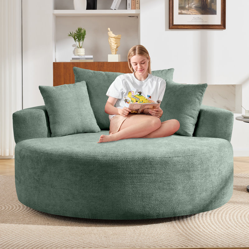 Green 360° Swivel Round Accent Chair, Compression Barrel Sofa Chair with 3 Removable Pillows, Upholstered Leisure Swivel Chair for Indoor Home, Office & Hotel Use