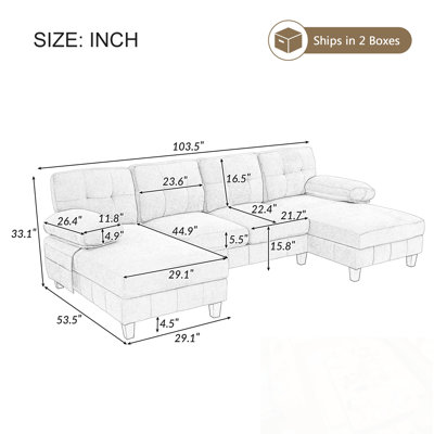 U-shaped Modular Sofa with double Chaises and Armrest Pillows