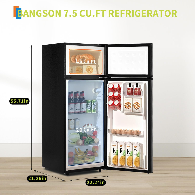 7,5 pieds cubes Réfrigérateur portable à deux portes Ft avec congélateur séparé, réfrigérateur argenté, 7 réglages de température, portes réversibles et tablettes amovibles pour appartement, dortoir et bureau