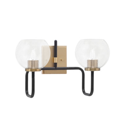 Barre d'éclairage de salle de bain 2 lumières Amarmula, noir mat et laiton vieilli, verre transparent 5,75 po