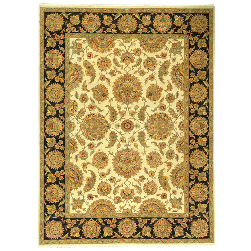 Tapis ivoire et noir noué à la main de haute qualité