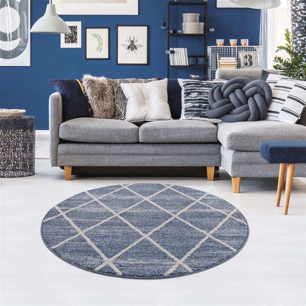 Teppich Kurzflor Kaufman mit Kettfäden Raute-Optik Blau für Wohnzimmer Landhaus-Stil