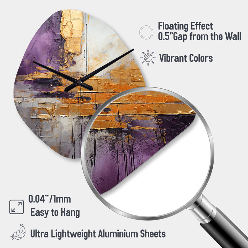 Horloge murale 3D or et mauve à motif abstrait fractal III, Petit