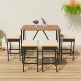 5-Piece Outdoor Acacia Wood Bar Height Table And Four Stools With Cushions, Garden PE Rattan Wicker Dining Table, Foldable Tabletop, High-Dining Bistro Set, All-Weather Patio Furniture