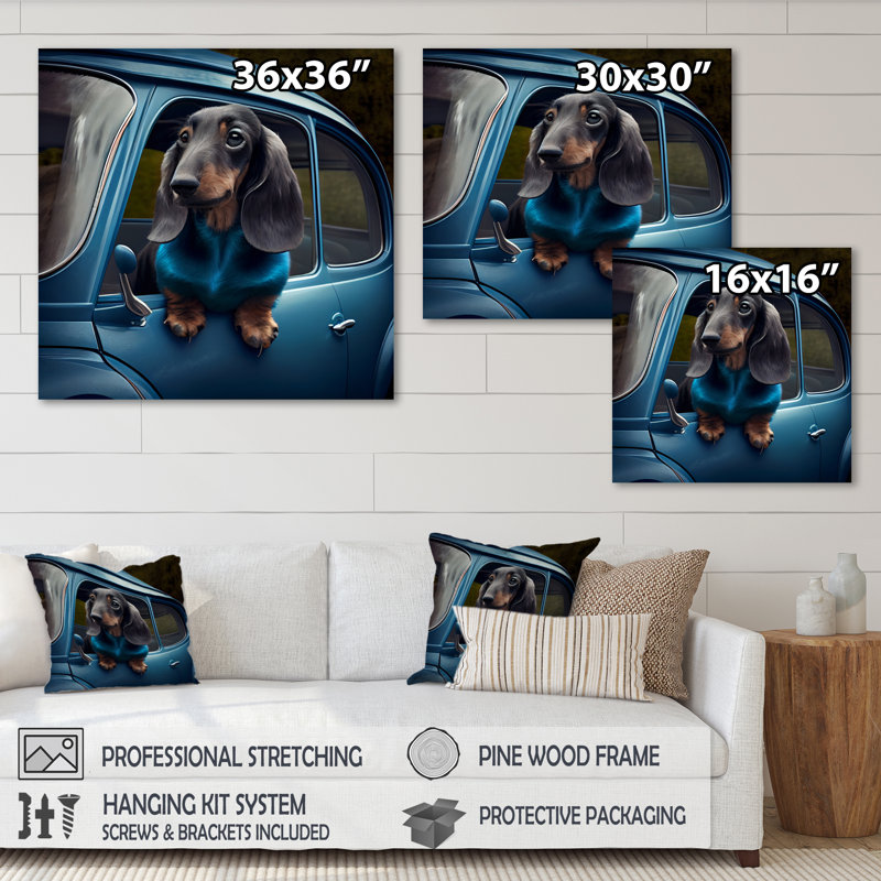 Portrait d'un teckel dans une voiture bleue III - reproduction sur toile, H 36 po x l 36 po x P 1,5 po, Toile tendue