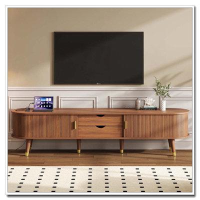Wooden Oval Fluted TV Stand with Charging Station for TV up to 80"