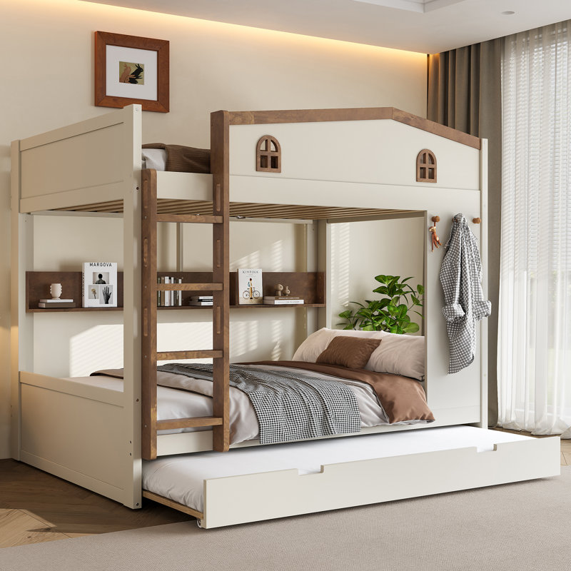 Lit superposé rustique en bois massif, Queen over Queen, Beige&Natural, With Trundle