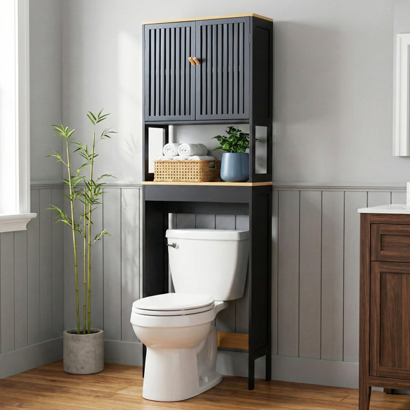 Fralimk 70.5in H Over The Toilet Storage Cabinet, Black & Bamboo Bathroom Organizer, Angled Handle, 5-stop Adjustable Base