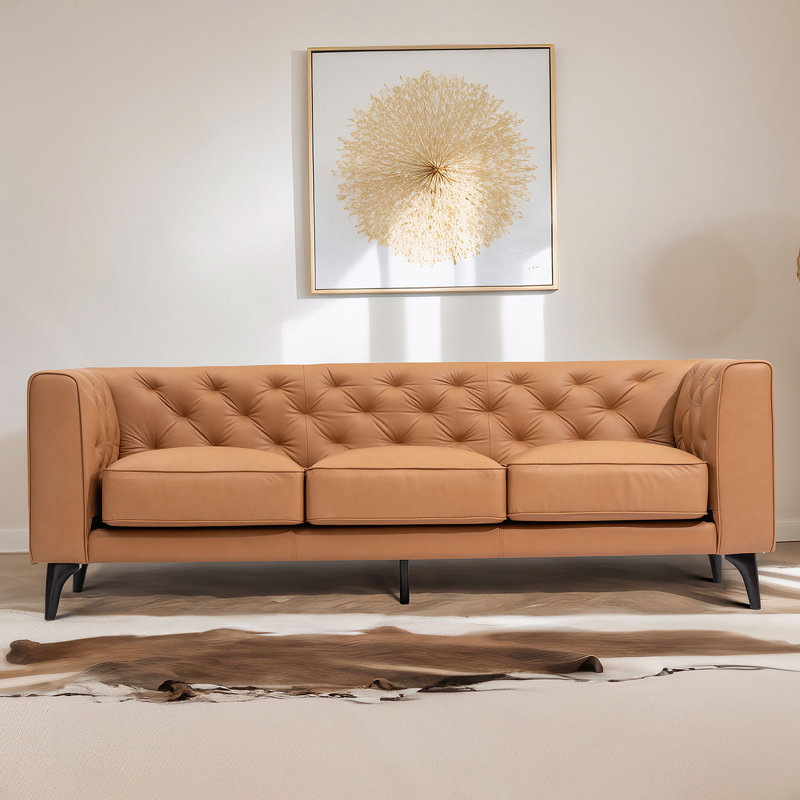 92.52 Inch Genuine Leather Couch 3-Seater Sofa with Tufted Back,Grain Leather Couch with Feather, Tan