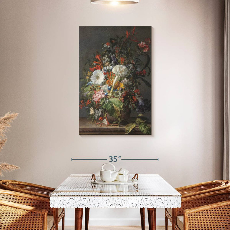 Harnek nature morte de fleurs exotiques sur un rebord en marbre, H 45 po x l 30 po