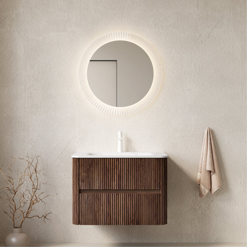 Meuble-lavabo 30 po avec lavabo, armoire de rangement murale en contreplaqué flottant avec 2 tiroirs, lavabo blanc, sans robinet, grain de bois rétro pré-assemblé