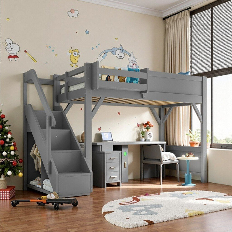 Twin\Full Size Solid Wood Loft Bed With Built-in Wardrobe Storage Shelves & Stairs, Gray, Twin