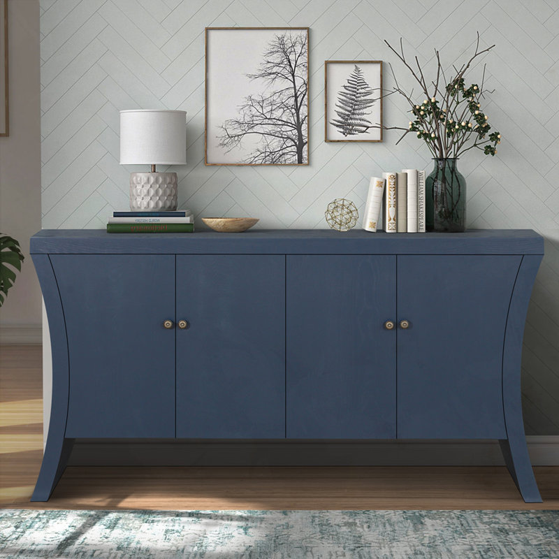 Industrial 4-Door Credenza with Wooden Arc Legs, Navy Blue