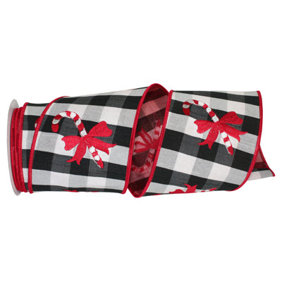 4 inch X 5 YARDS Candy Cane Dupioni Check Embroidery Wired Edge Ribbon