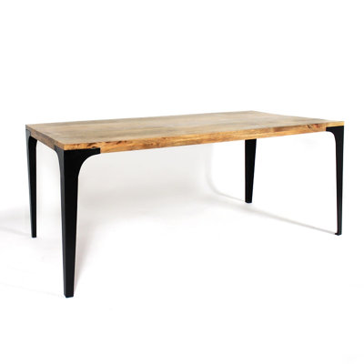 Table de salle à manger de 70 pouces en bois de manguier massif avec plateau à bords droits de 2 pouces d'épaisseur et pieds en métal noir