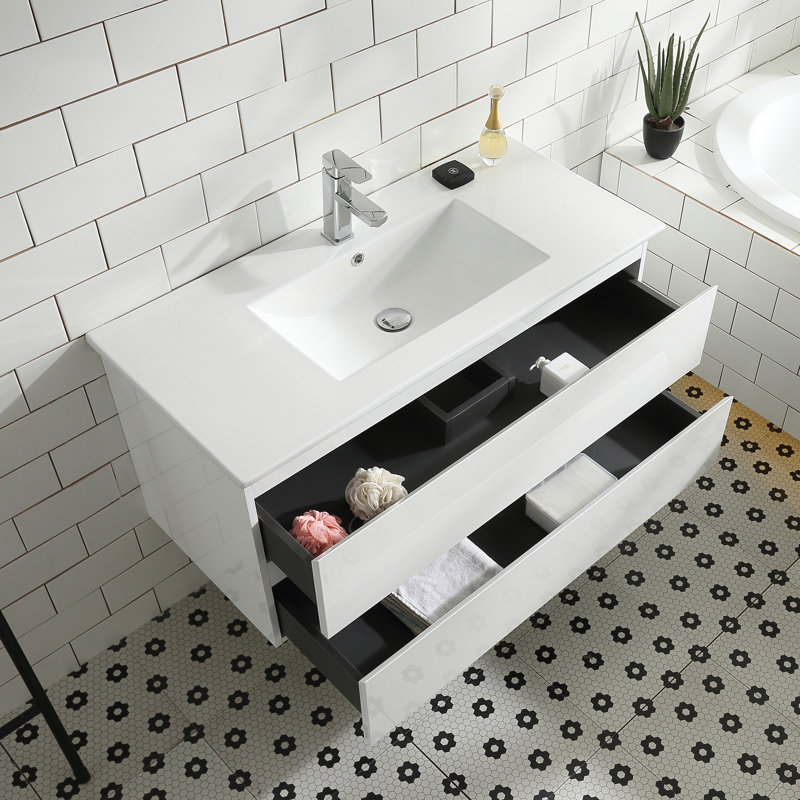 Kozo 40 po L x 18 po P 2 tiroirs Meuble-lavabo avec évier simple et Comptoir en Porcelaine