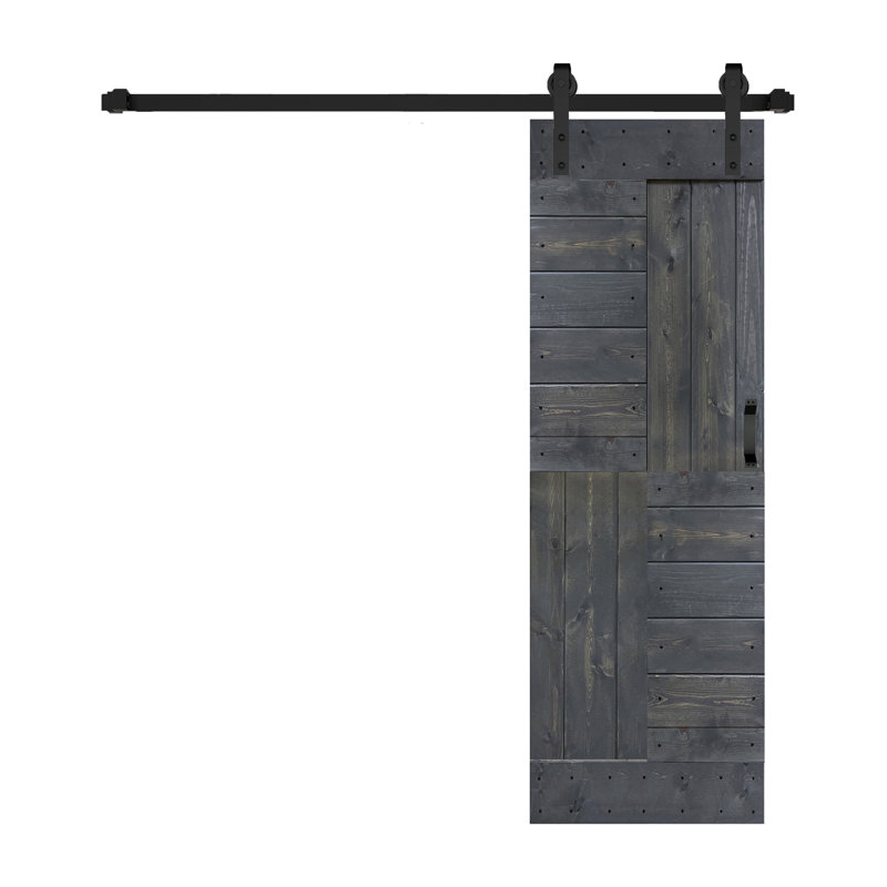 Porte de grange à panneaux en bois S Series avec trousse de quincaillerie d'installation, 30 po x 84 po, Gris carbone