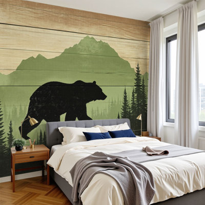 Peel and Stick Wallpaper 96" W x 69" H Modern Self Adhesive Wall Mural for Bedroom Bear Silhouette Forest Landscape Pine Trees Mountain Backdrop