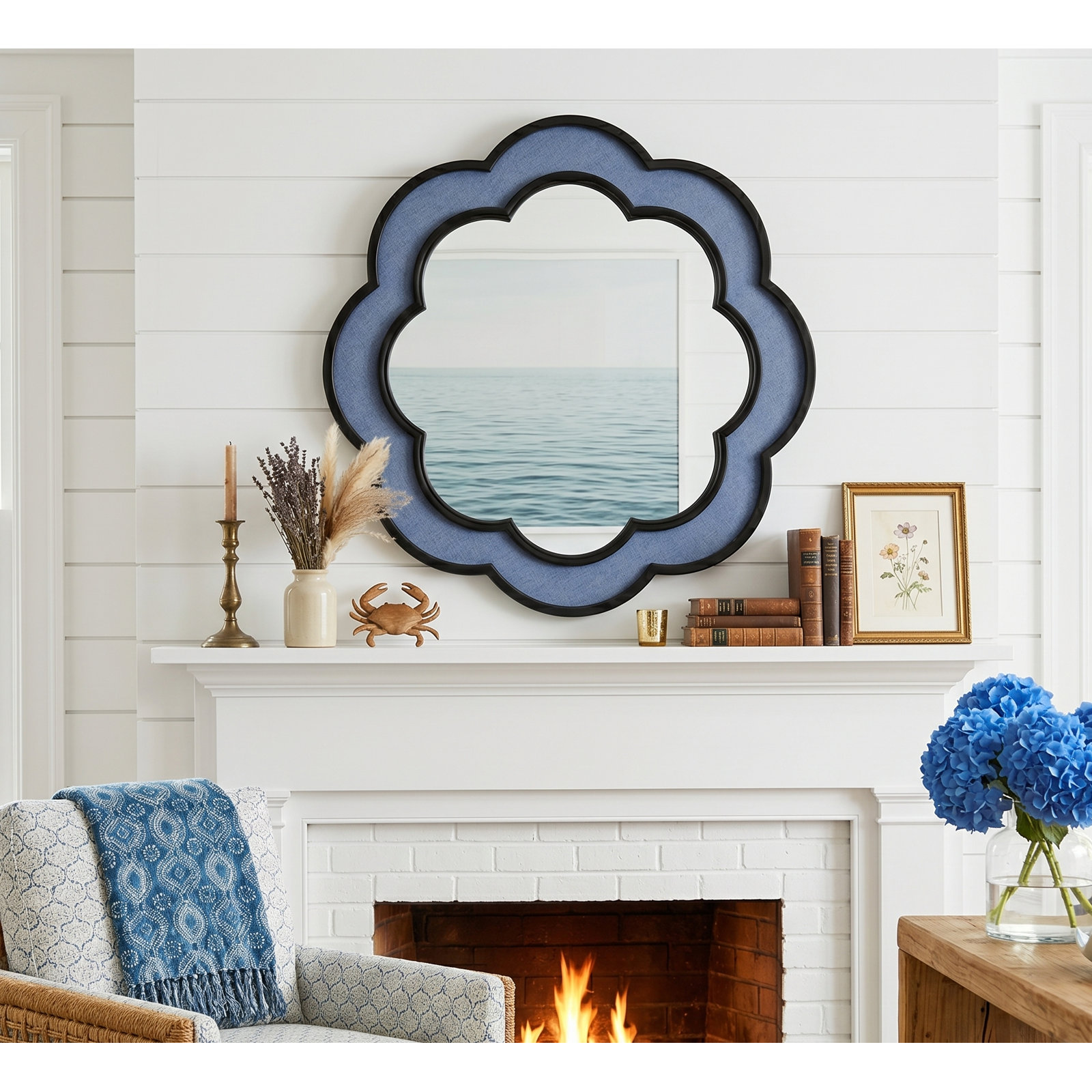 24" Scalloped Accent Mirror, Light Blue