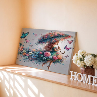 «Whimsical Girl In Floral Dress With Colorful Butterflies Decor», reproduction d'art sur toile pour le salon, la chambre à coucher, le bureau, le couloir, le vestibule, le mur de la galerie et la décoration intérieure moderne