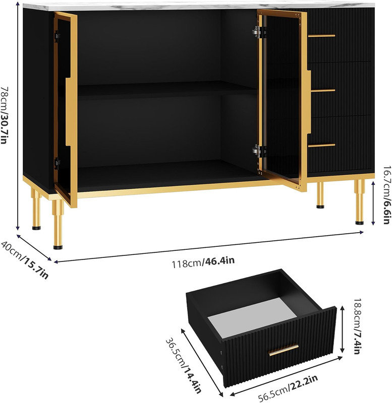 46.4" Buffet Sideboard Cabinet with Fluted Design, Glass Doors & 3 Drawers for Dining Room