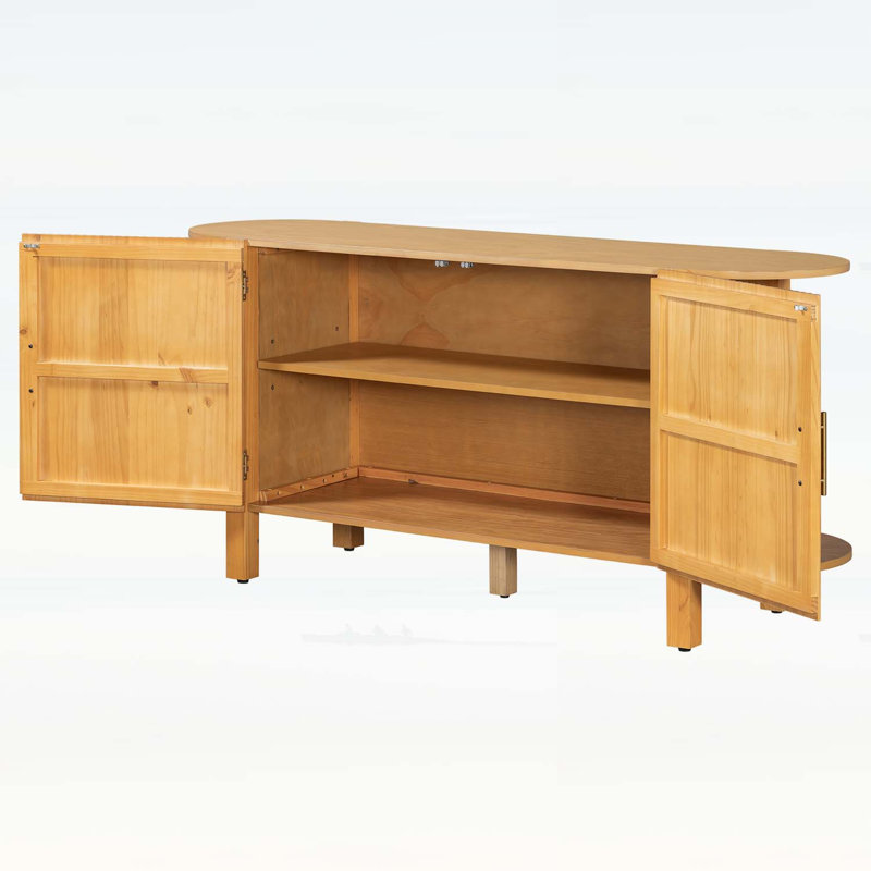 Buffet en bois de pin avec tablette d'extension incurvée à double couche, buffet de style Mid-Century avec texture ondulée verticale, grande table de canapé avec poignée en métal pour la salle à manger, cuisine