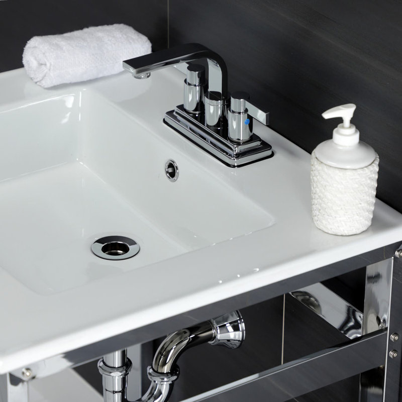 Quadras Ceramic Rectangular Console Bathroom Sink with Overflow, White/Chrome, 4" Centers