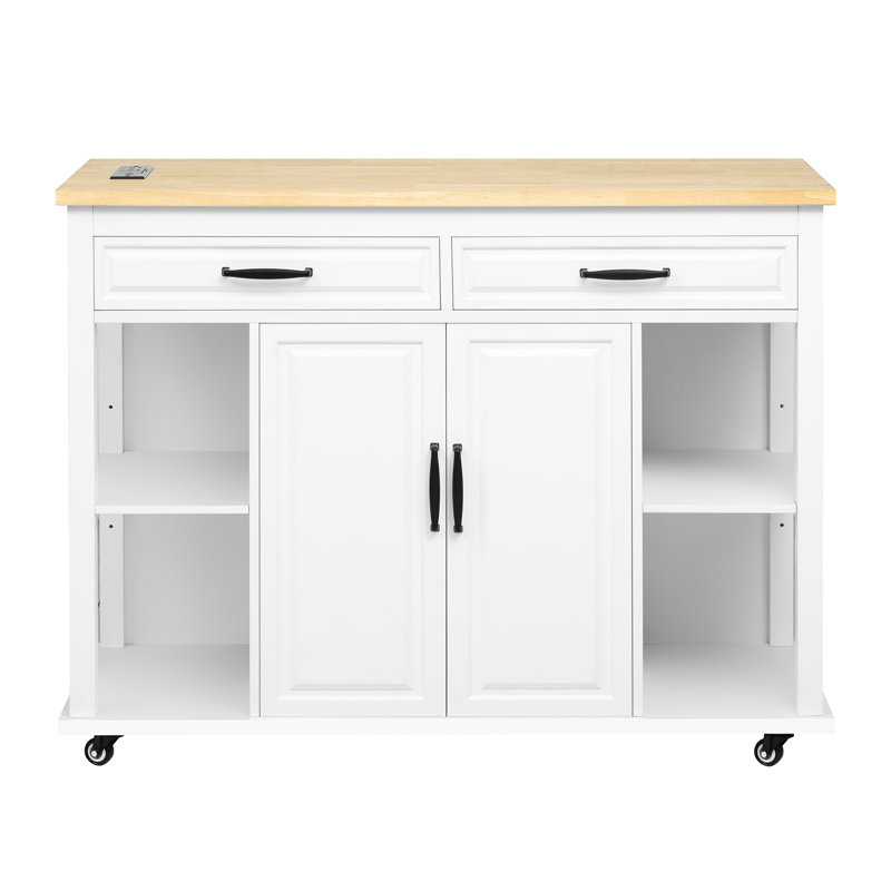 Kitchen Island With Extendable Dining Surface, Rubber Wood Veneer Finish, Closed Storage Areas, Built - In Type C And Storage, Port