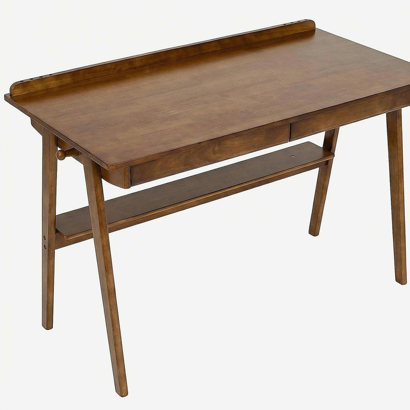 Bureau d'écriture en bois massif, bureau à domicile pour petits espaces, bureaux modernes Mid-Century avec 2 tiroirs et tablette de rangement, bureau debout avec crochets latéraux pour bureau, chambre à coucher, bureau (noyer)