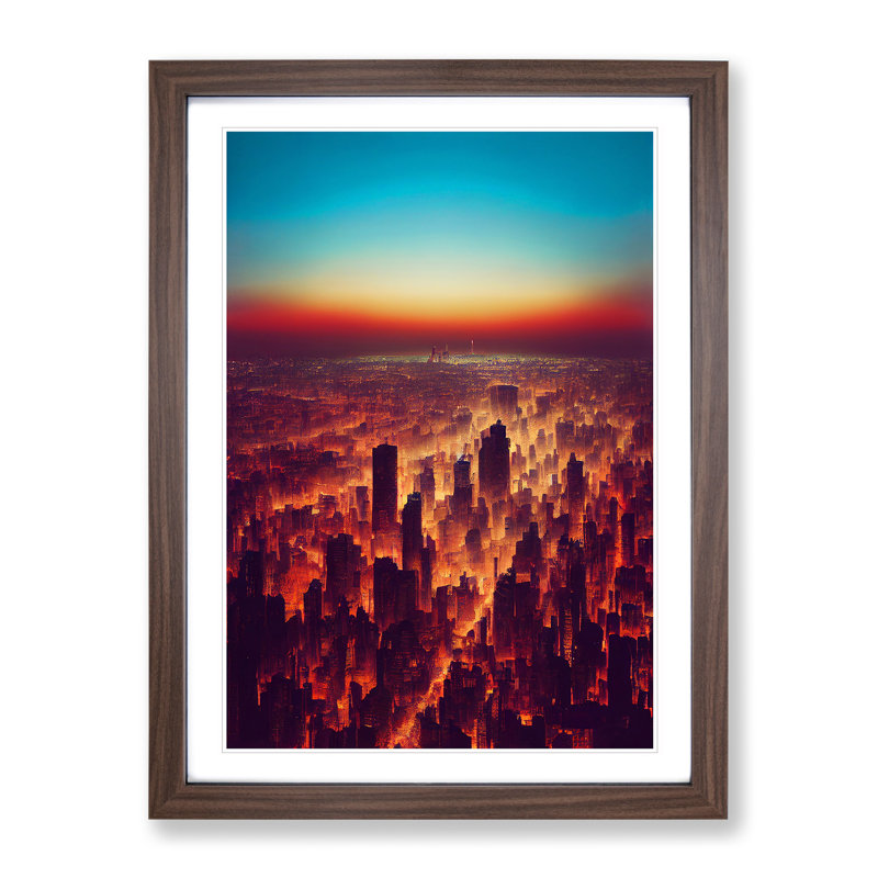 View Of A City Skyline No.3 - Single Picture Frame Painting, 64cm H x 46cm W x 2cm D, Walnut Framed