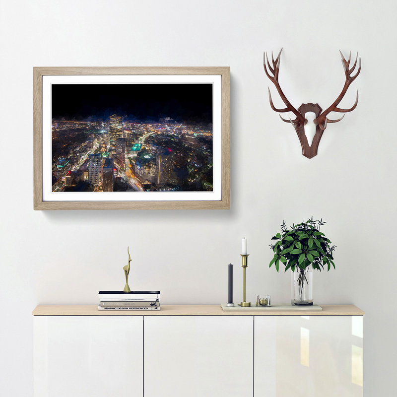 Night in Boston Massachusetts in Abstract - Picture Frame Graphic Art Print, 36cm H x 48cm W x 2cm D, Oak Framed