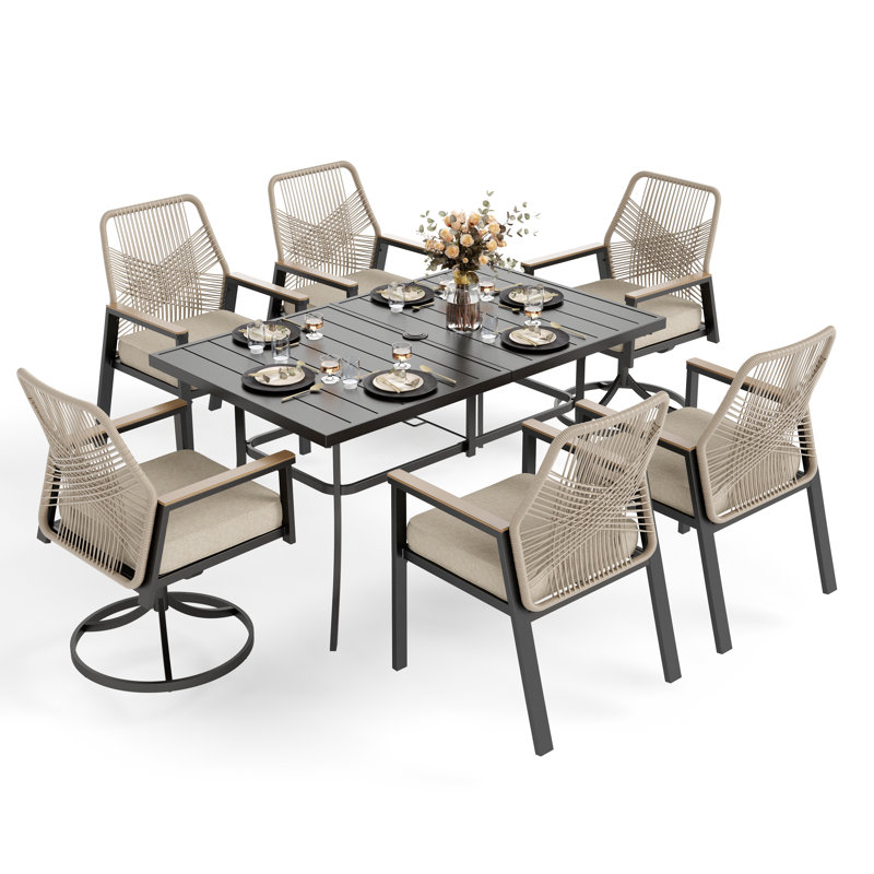 Ensemble repas extérieur pour 6 personnes avec chaises pivotantes et coussins