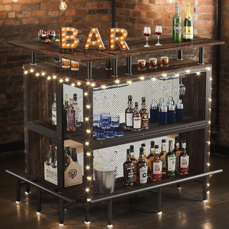 Meuble-bar de coin, table de bar avec porte-verres et tablettes de rangement, Brun