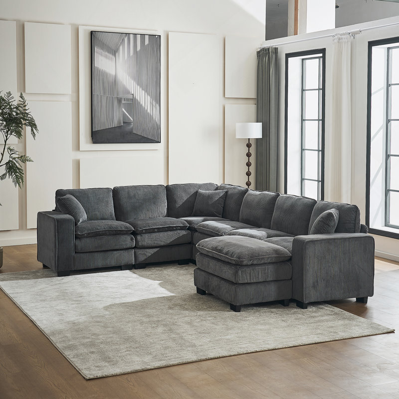 Canapé modulaire moderne en U à 6 places avec un repose-pieds et trois coussins décoratifs, Velours côtelé gris