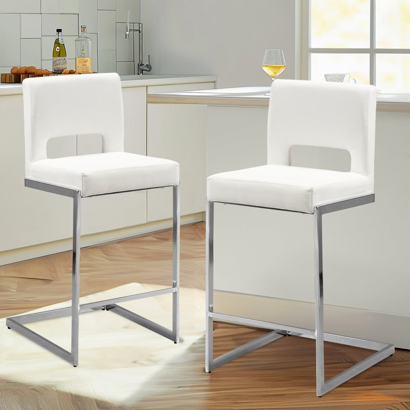 Daco 26" Modern Upholstered Counter Stool with Metal Sled Frame, White, 2
