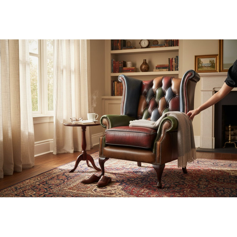 88Cm Wide Tufted Wingback Chair, Antique Patchwork