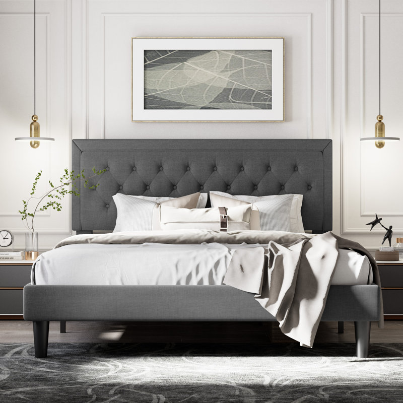 Lit plateforme tapissier Hegg, Très grand lit, Gris foncé