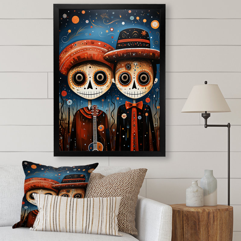 Art mexicain, Jour des Morts 3 - Art mural mexicain, Cadre simple noir, H 32 po x l 16 po x P 1 po