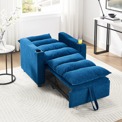 Convertible Sleeper Chair Bed, Blue, High - Quality Foam, And Adjustable For Small Apartment Blue 31 Pullout Comfortable Velvet, Cup Holder Dormitory