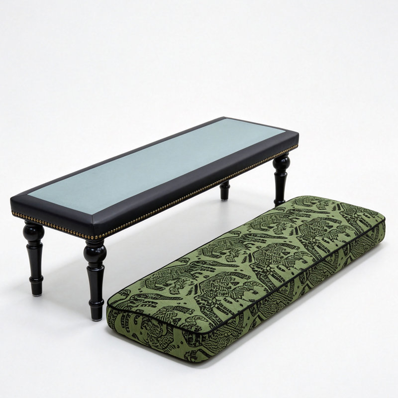 Banc de bout de lit à fin de lit à motif vert rétro, banc de chambre en bois massif avec garniture cloutée dorée
