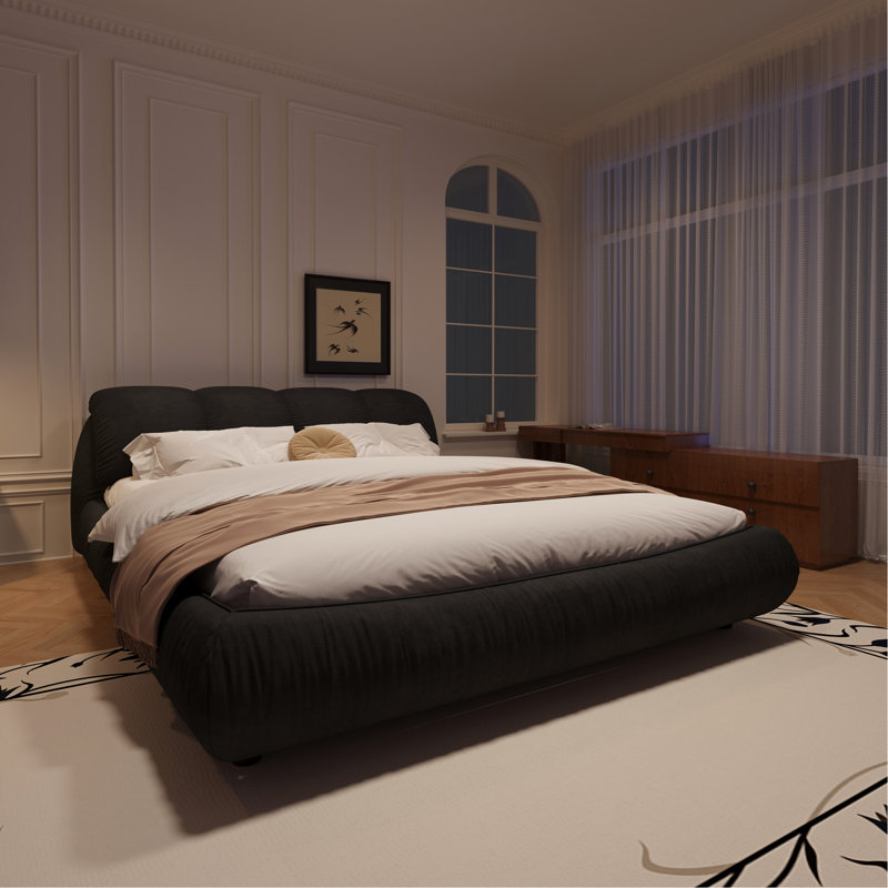 Lit plateforme grand de luxe, tapissier en noir, tête de lit surdimensionnée, convenant à différentes marques de matelas, structure en bois massif, hauteurs multiples