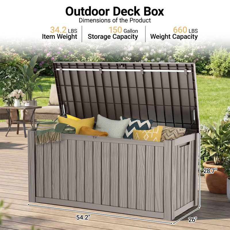 150-Gallon Resin Deck Box – Lockable, Waterproof Outdoor Storage Bench, Gray