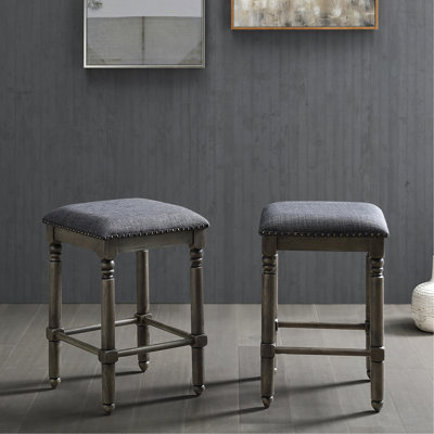 Counter Height Stool , 2 In Grey - Upholstered With Tan Fabric Seat And Bronze Nailhead, Solid Rubber Wood Plywood Construction, Rustic Chic, 16"W X 16"D 23.66"H, Assembly Needed 2, Chic & Plywood,
