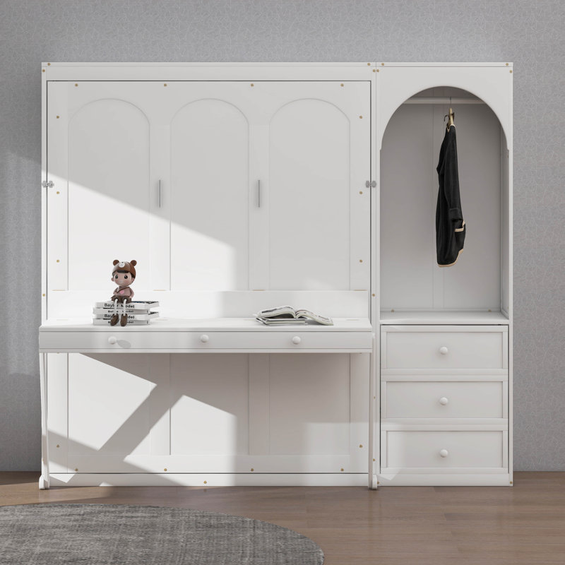 Grand lit escamotable avec tablette Stoarge et 3 tiroirs, lit escamotable multifonctionnel avec bureau et lumière DEL, Blanc