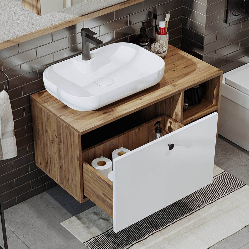 Rosaliyah Bathroom Vanity Unit with Ceramic Washbasin 95cm, White/Oak
