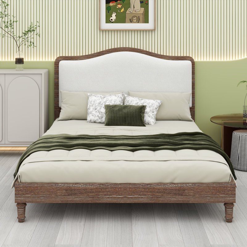 Base de lit plateforme avec tête de lit, Grey Frame+White Fabric