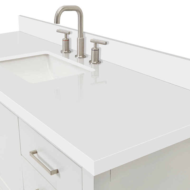 Meuble-lavabo simple de 61 po en blanc avec plateau en quartz blanc pur 1,5 po Moille et lavabo rectangulaire, Blanc