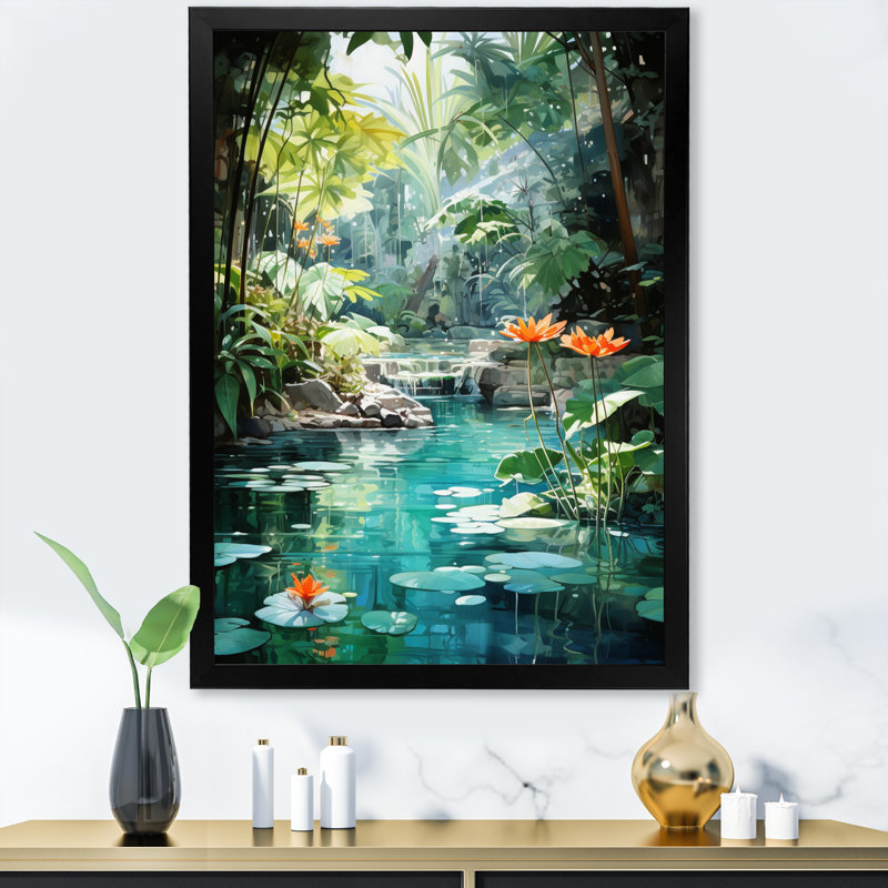 Beant Emerald Oasis A Lush Green Landscape - Forest River Mountains, art mural encadré, H 44 po x l 34 po x P 1,5 po