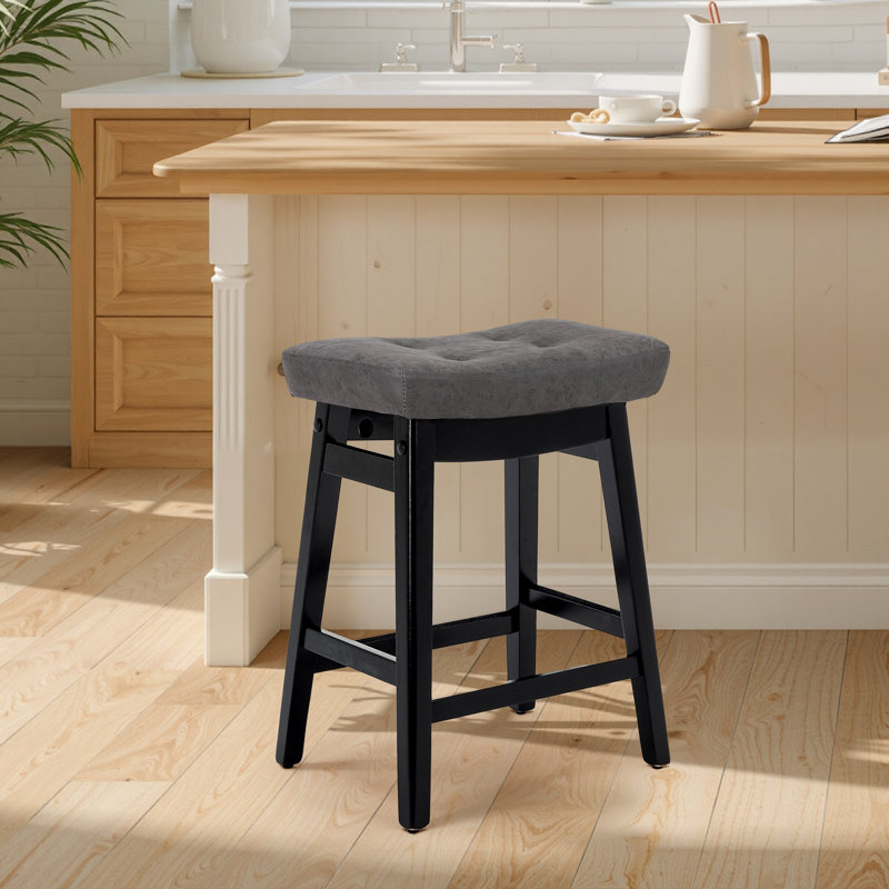 Extra Wide 19.7" Seat Counter Height Stool Modern Upholstered Wood Saddle Barstools, PU Leather Grey Seat / Black Frame